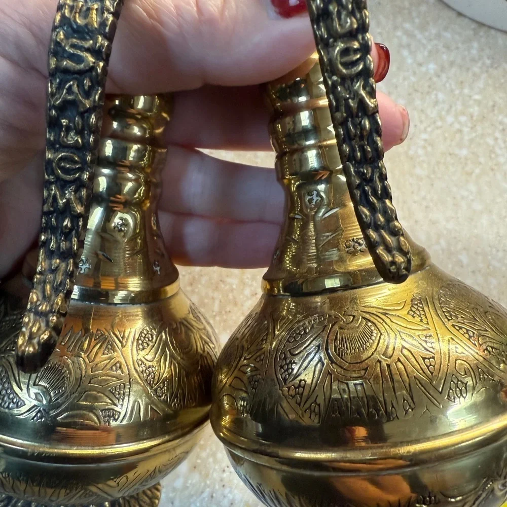 Vintage Gold Tone Brass Etchied Jerusalem Israel Pitchers Set of 2 Small Pourer